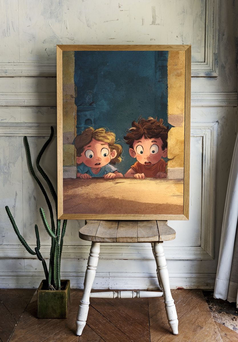 Curious Children in Doorway Illustration Poster. — room view 1