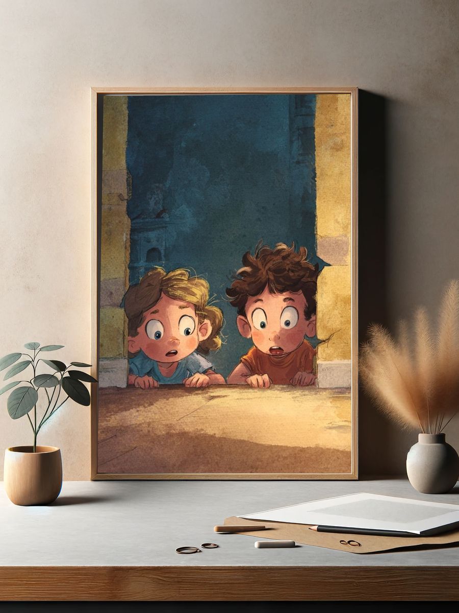 Curious Children in Doorway Illustration Poster. — room view 2