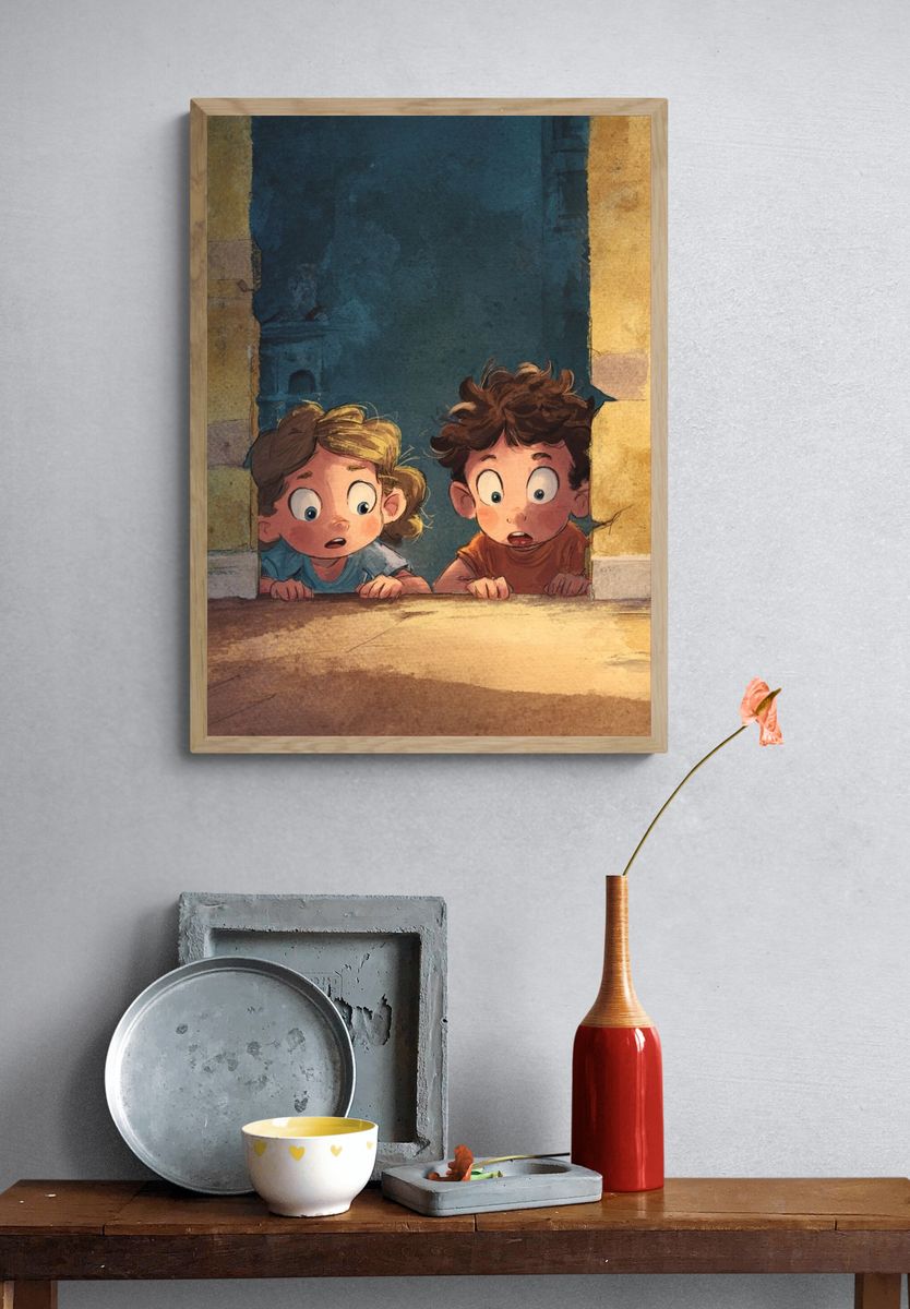 Curious Children in Doorway Illustration Poster. — room view 3