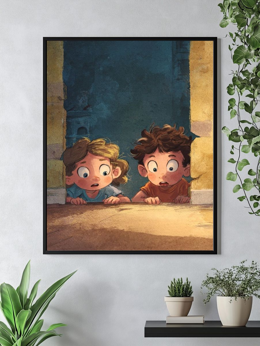 Curious Children in Doorway Illustration Poster. — room view 4