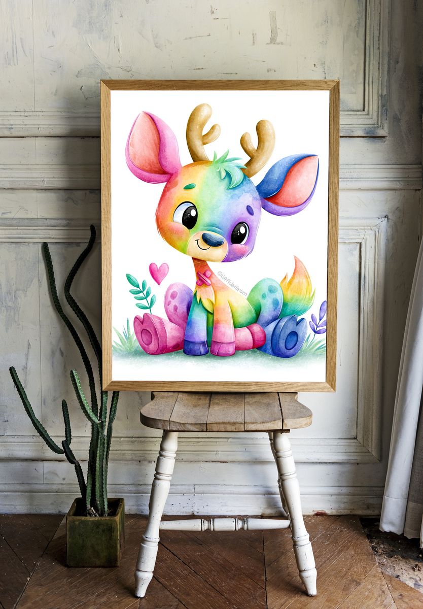 Rainbow Deer Watercolor Poster. room preview