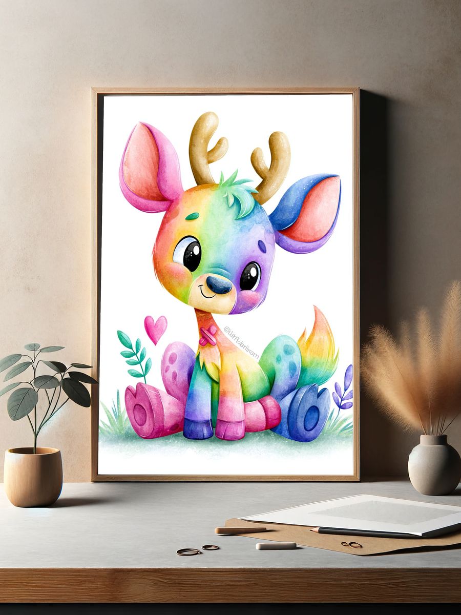 Rainbow Deer Watercolor Poster. — room view 2
