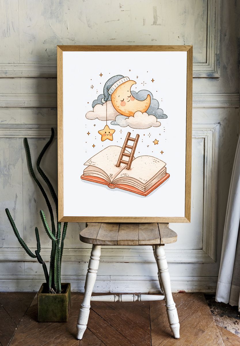 Dreamy Moon and Book Illustration Poster. — room view 1