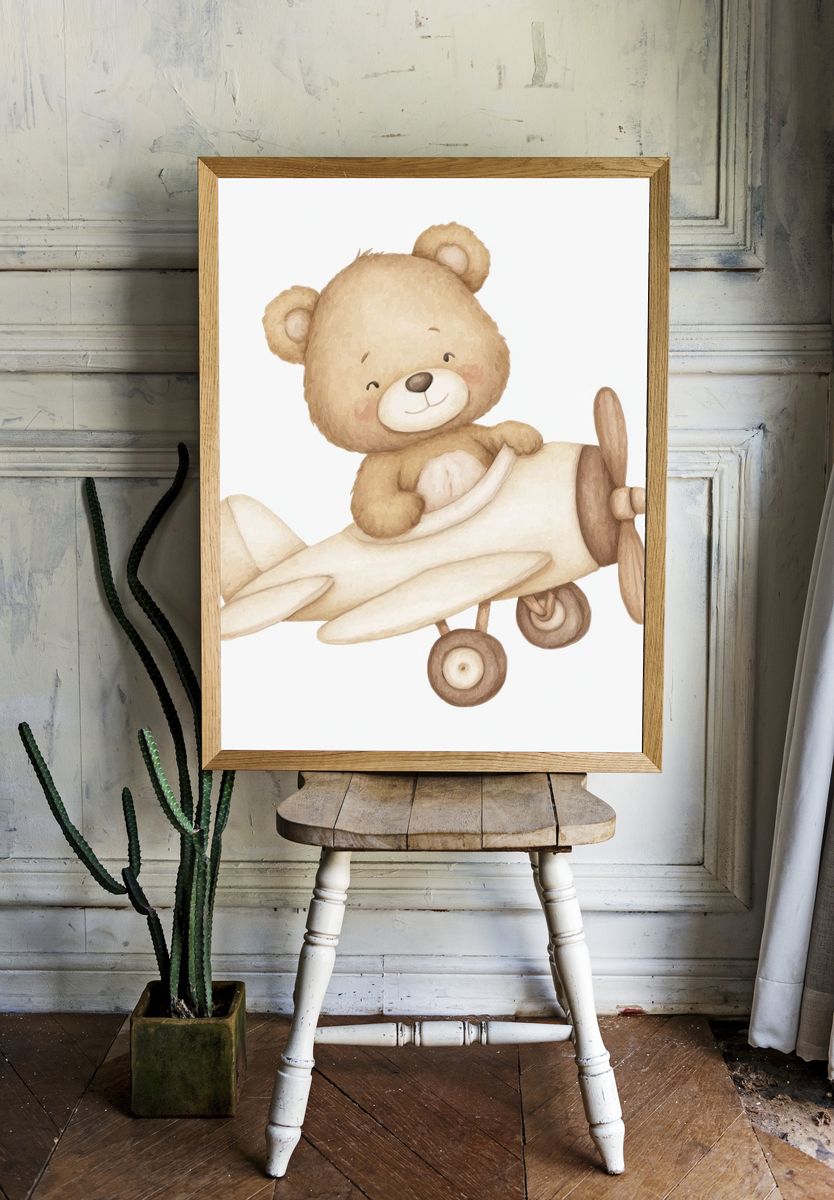 Teddy Bear Airplane Nursery Print room preview