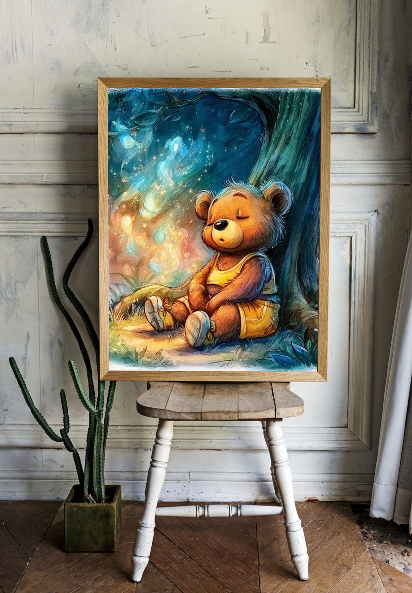 Sleeping Teddy Bear Nursery Print. room preview