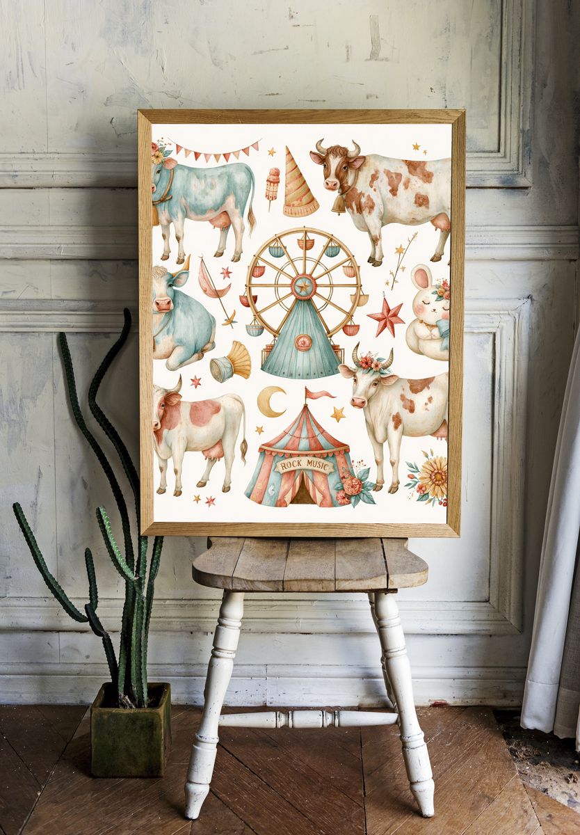 Circus Cows Watercolor Poster. room preview