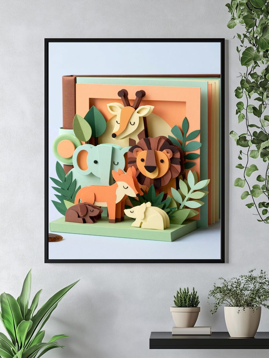 Paper Safari Animals Illustration Poster. — room view 4