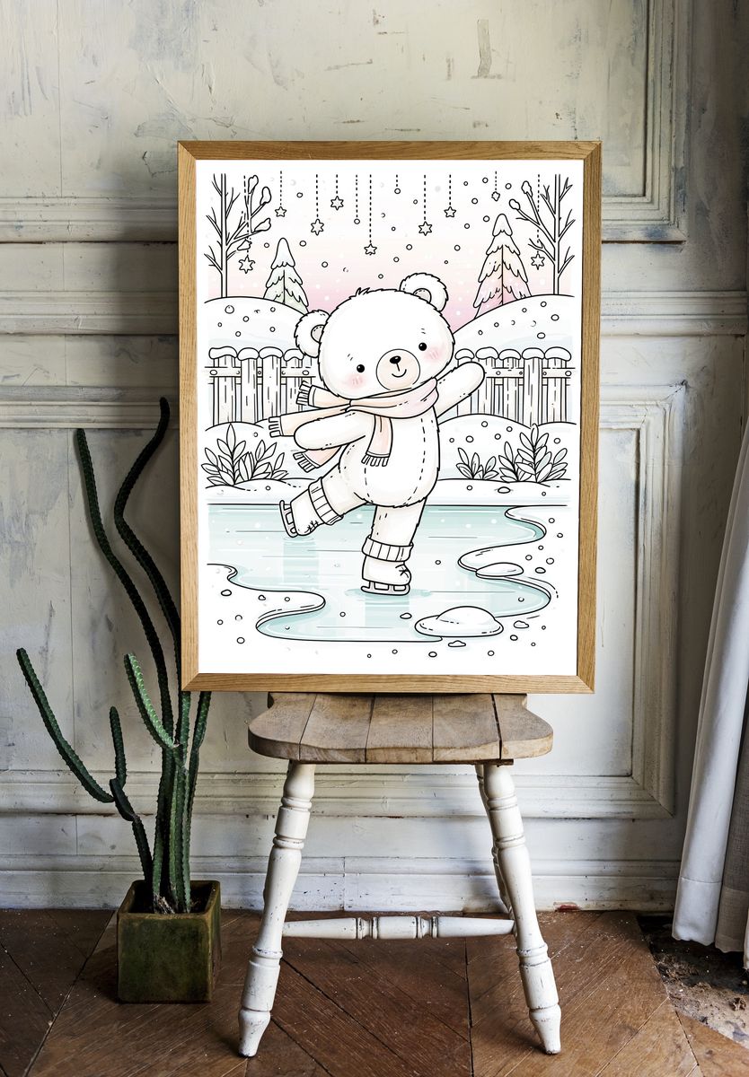 Winter Bear Ice Skating Print. room preview
