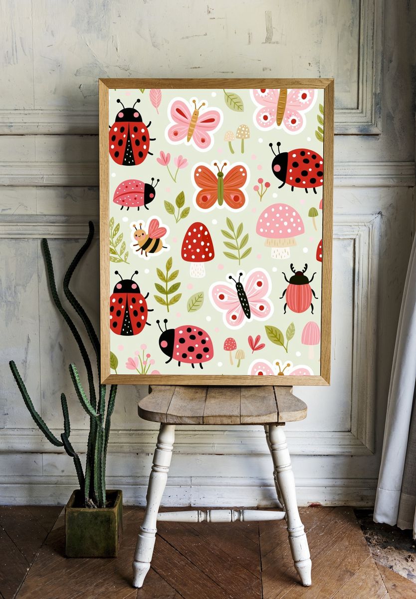 Ladybugs and Butterflies Kids Print. room preview