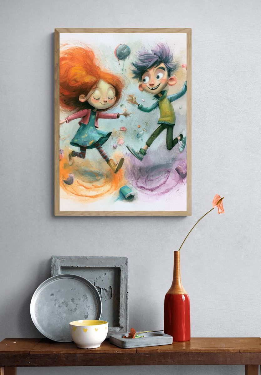Playful Kids Dancing Illustration Poster. — room view 3