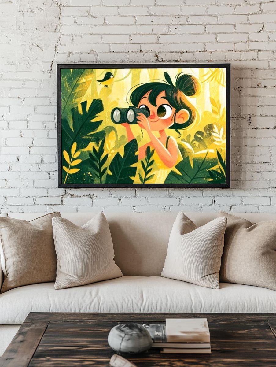 Girl with Binoculars Jungle Illustration Poster. room preview