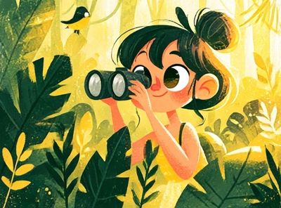 Girl with Binoculars Jungle Illustration Poster.