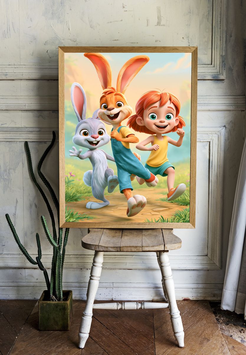 Playful Bunny Friends Illustration Poster. room preview