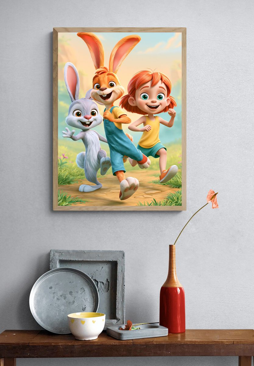 Playful Bunny Friends Illustration Poster. — room view 3