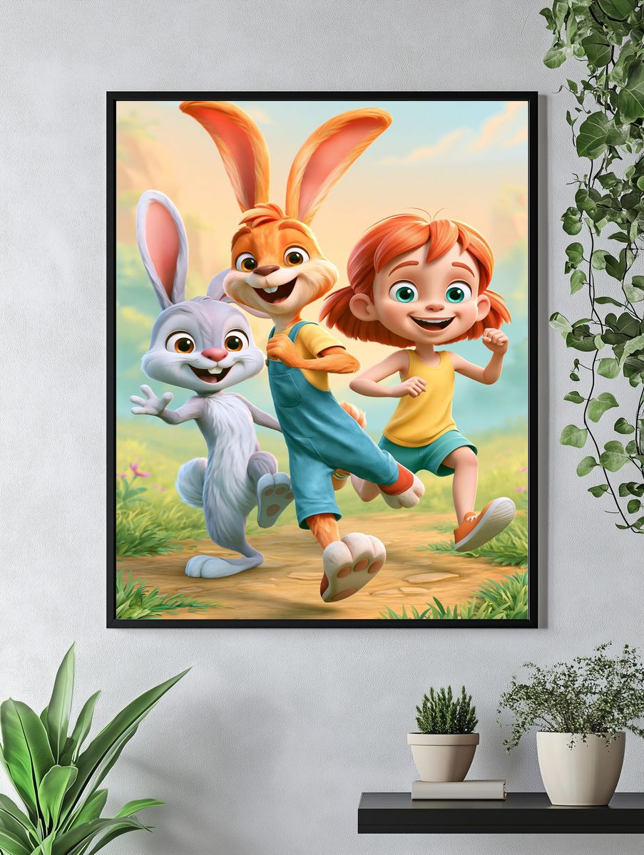 Playful Bunny Friends Illustration Poster. — room view 4