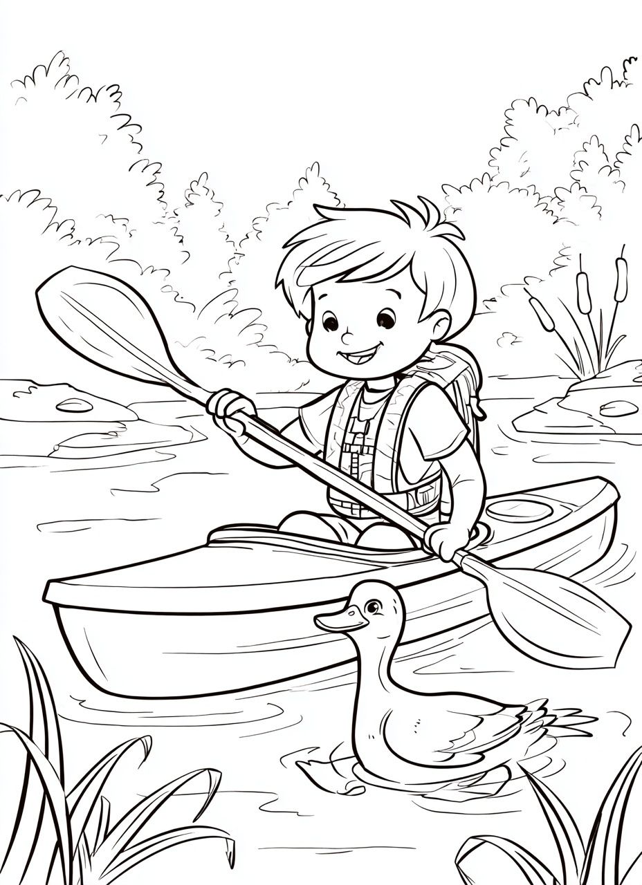 Boy Kayaking with Duck Coloring Poster. poster — kids art