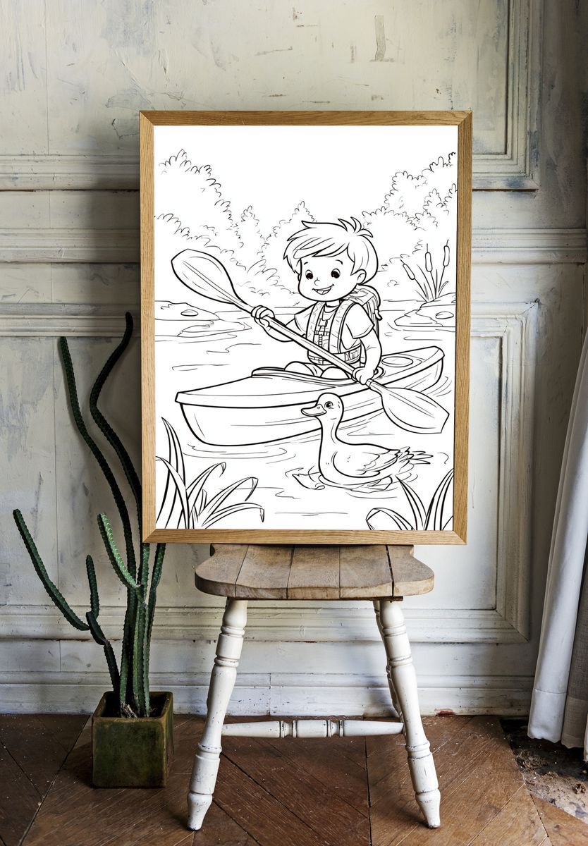 Boy Kayaking with Duck Coloring Poster room preview