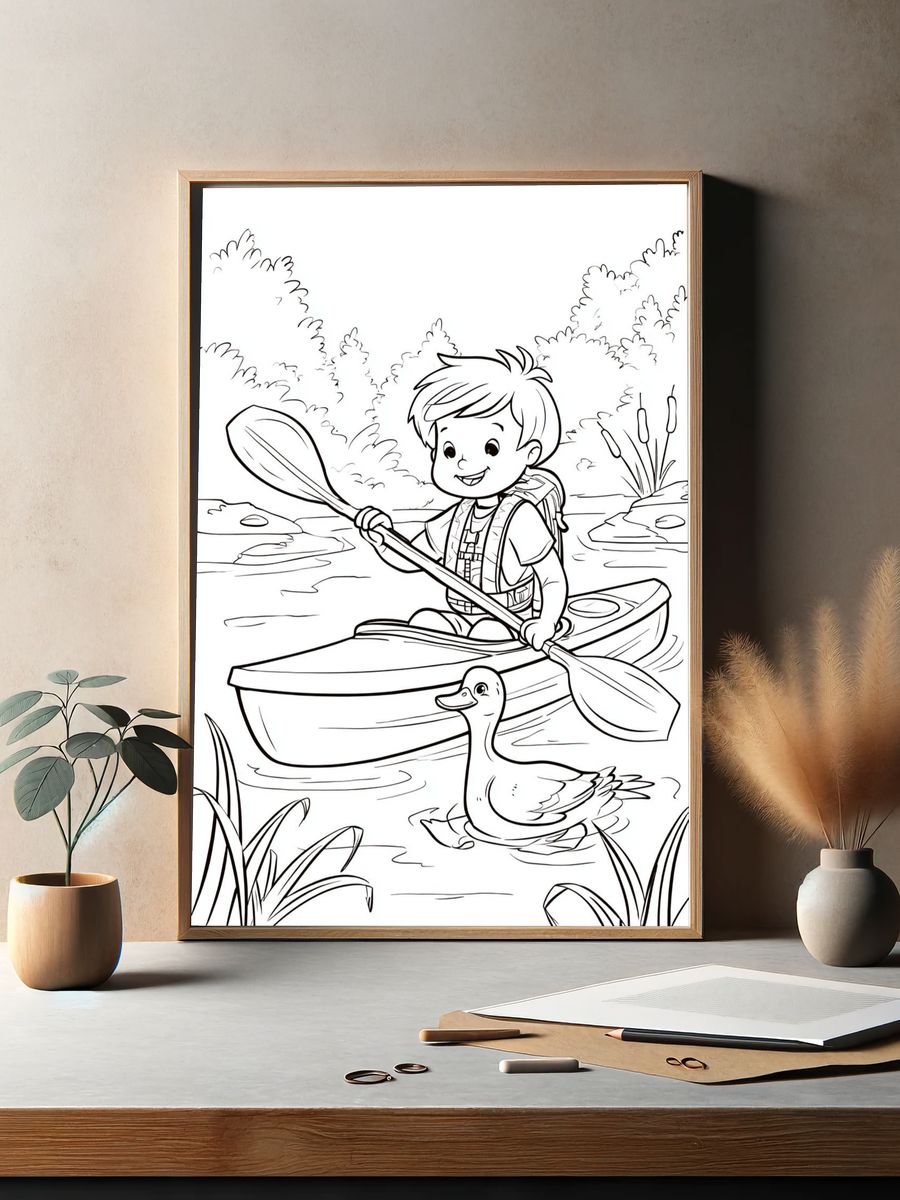 Boy Kayaking with Duck Coloring Poster. — room view 2