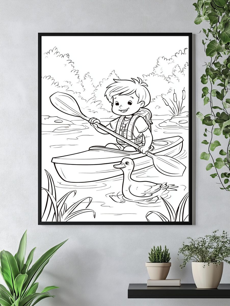 Boy Kayaking with Duck Coloring Poster. — room view 4