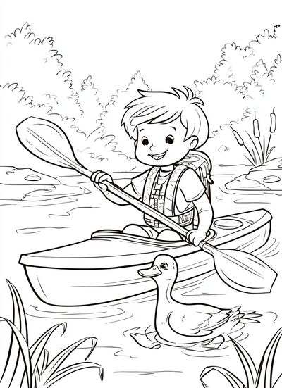 Boy Kayaking with Duck Coloring Poster