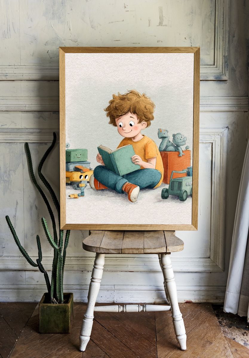 Boy Reading with Toys Watercolor Print. room preview