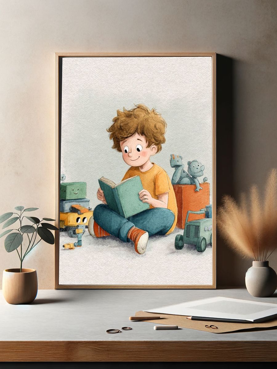 Boy Reading with Toys Watercolor Print. — room view 2