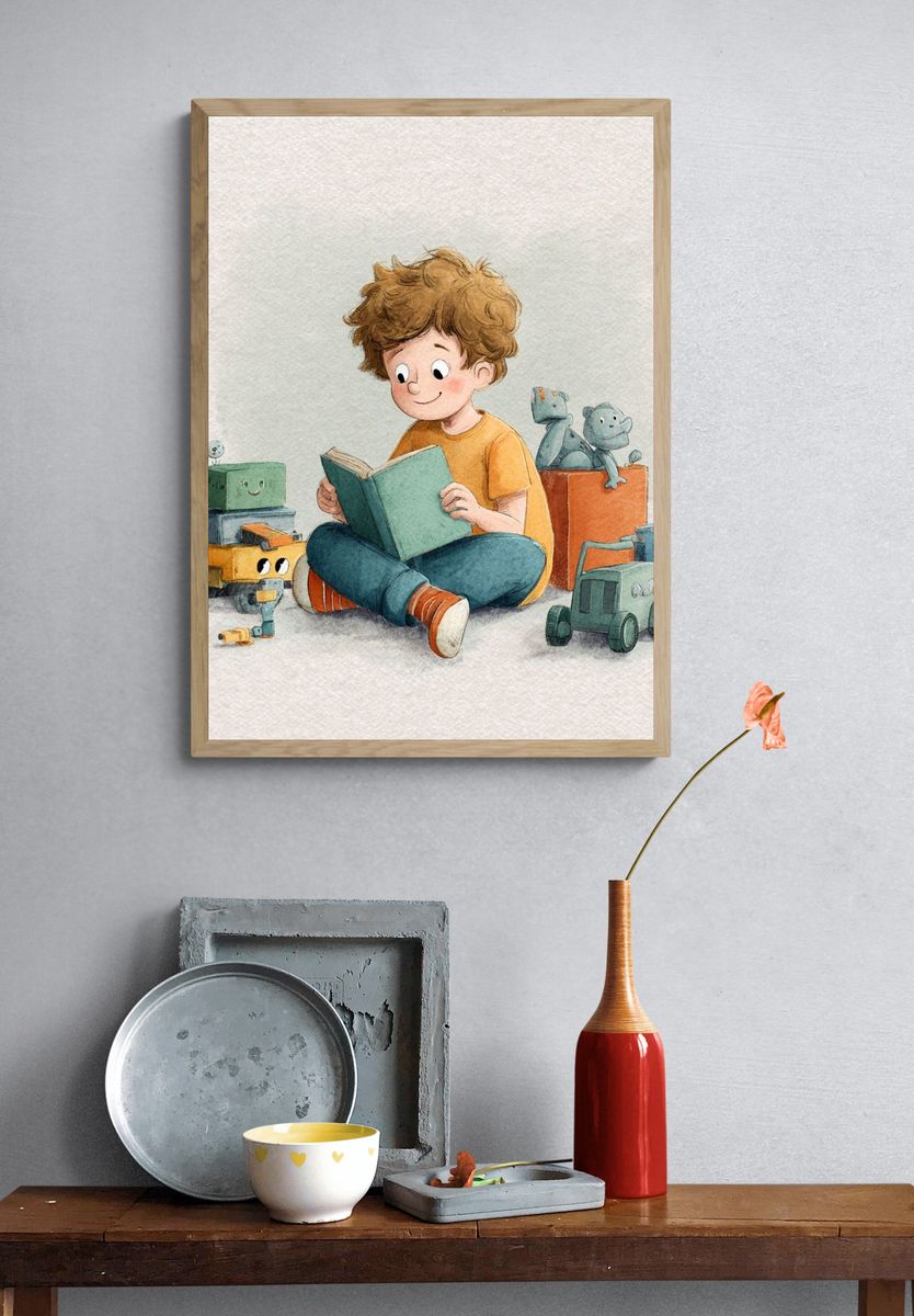 Boy Reading with Toys Watercolor Print. — room view 3