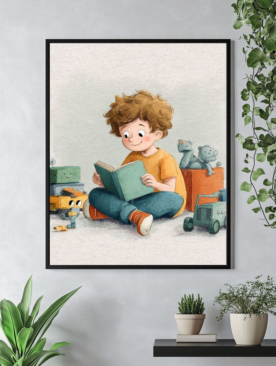 Boy Reading with Toys Watercolor Print. — room view 4
