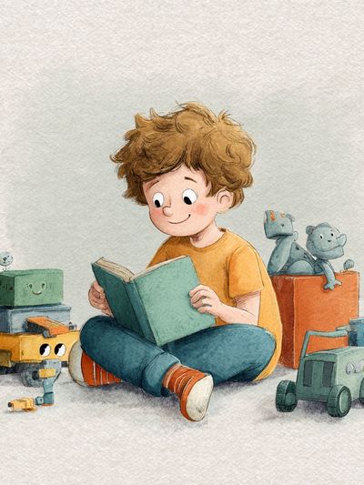 Boy Reading with Toys Watercolor Print.