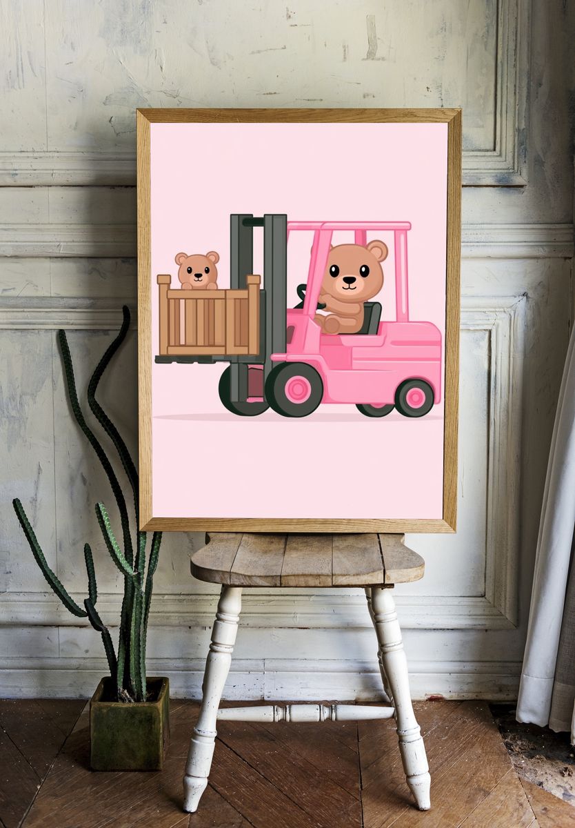 Pink Bear Forklift Nursery Poster. — room view 1