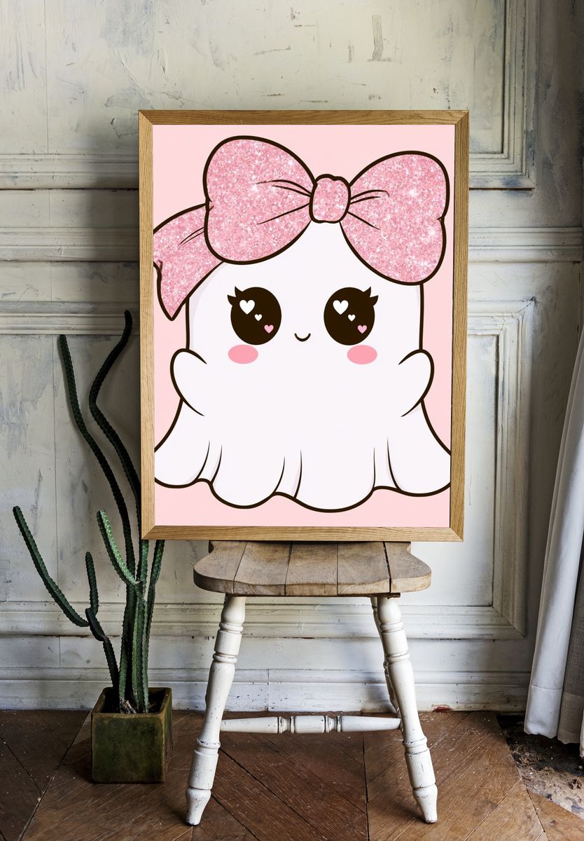 Kawaii Ghost with Pink Bow Poster. room preview
