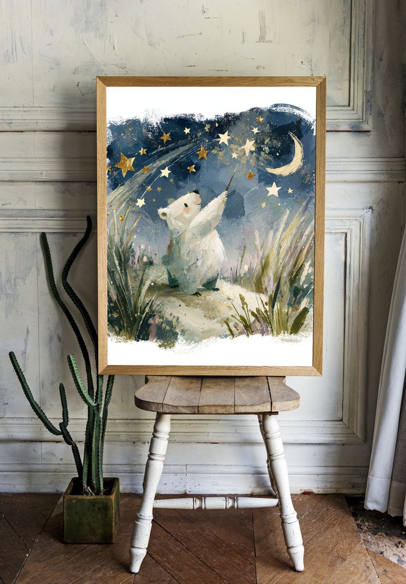 Moonlit Bear Nursery Print. room preview