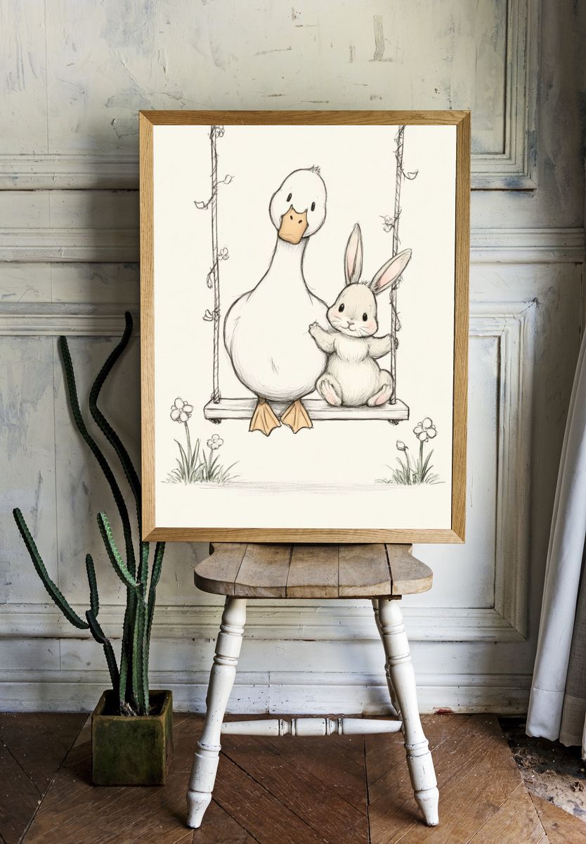 Duck and Bunny Nursery Print. room preview