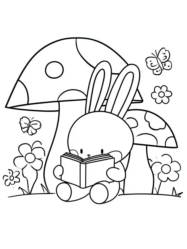 Bunny Reading in Mushroom Garden Print. poster detail