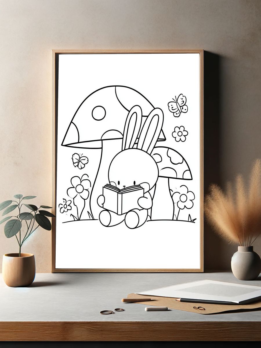 Bunny Reading in Mushroom Garden Print. — room view 2