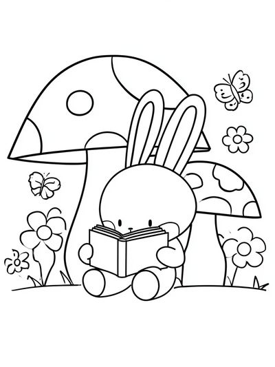 Bunny Reading in Mushroom Garden Print.
