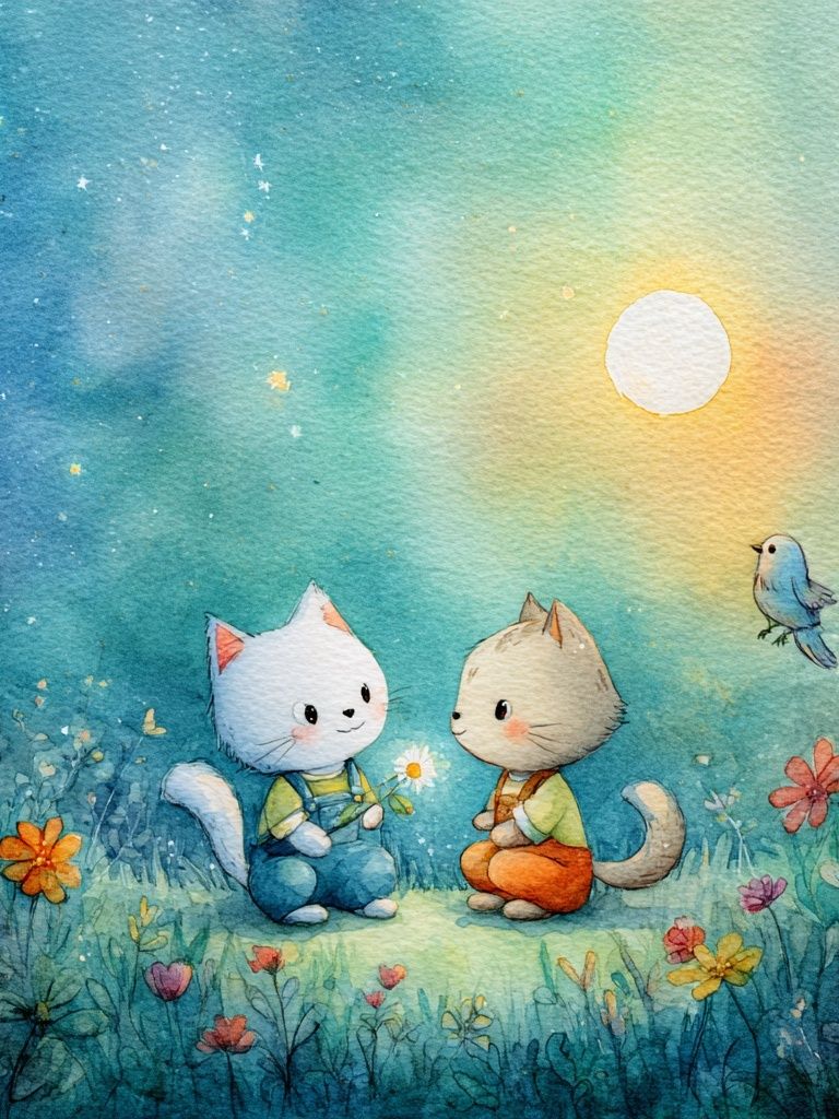 Moonlit Kittens Watercolor Poster. poster detail