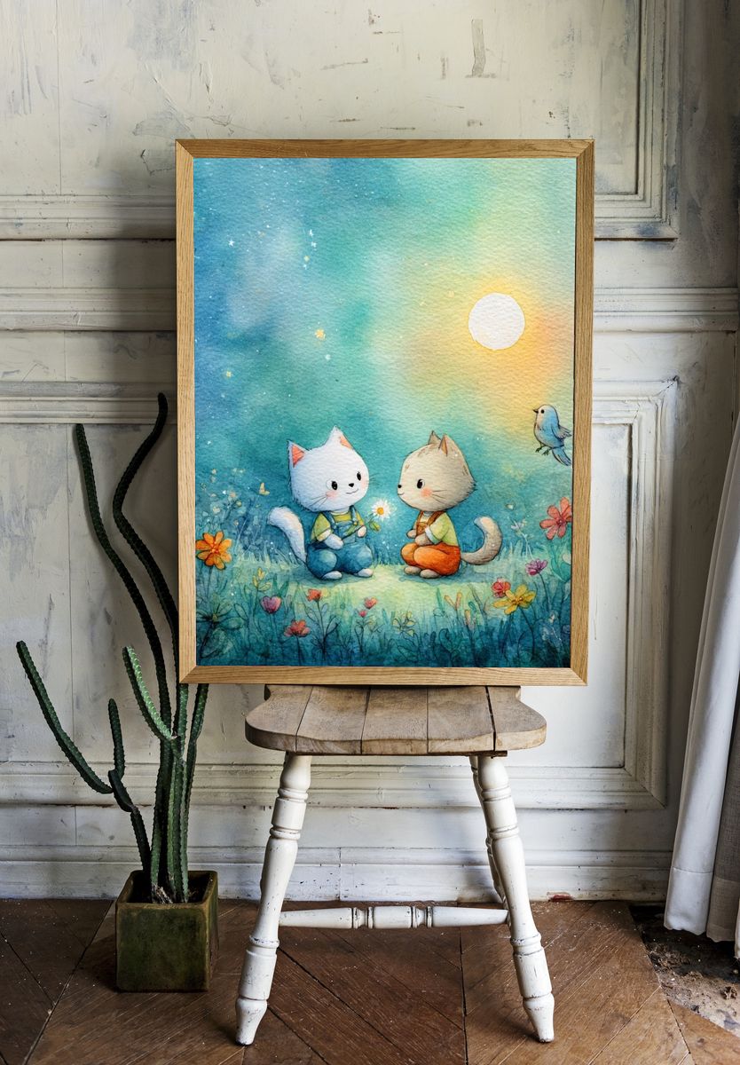 Moonlit Kittens Watercolor Poster room preview