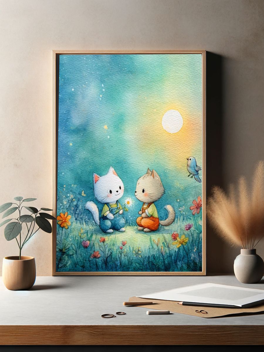 Moonlit Kittens Watercolor Poster. — room view 2