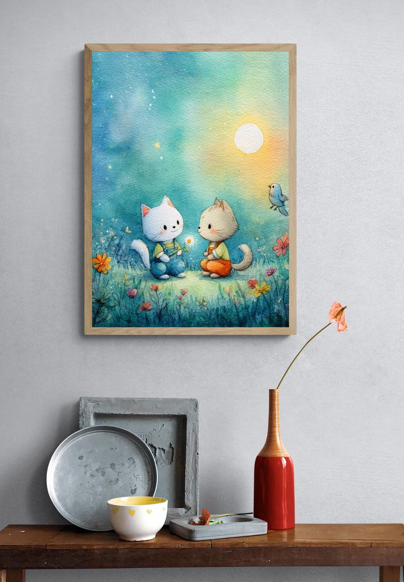 Moonlit Kittens Watercolor Poster. — room view 3