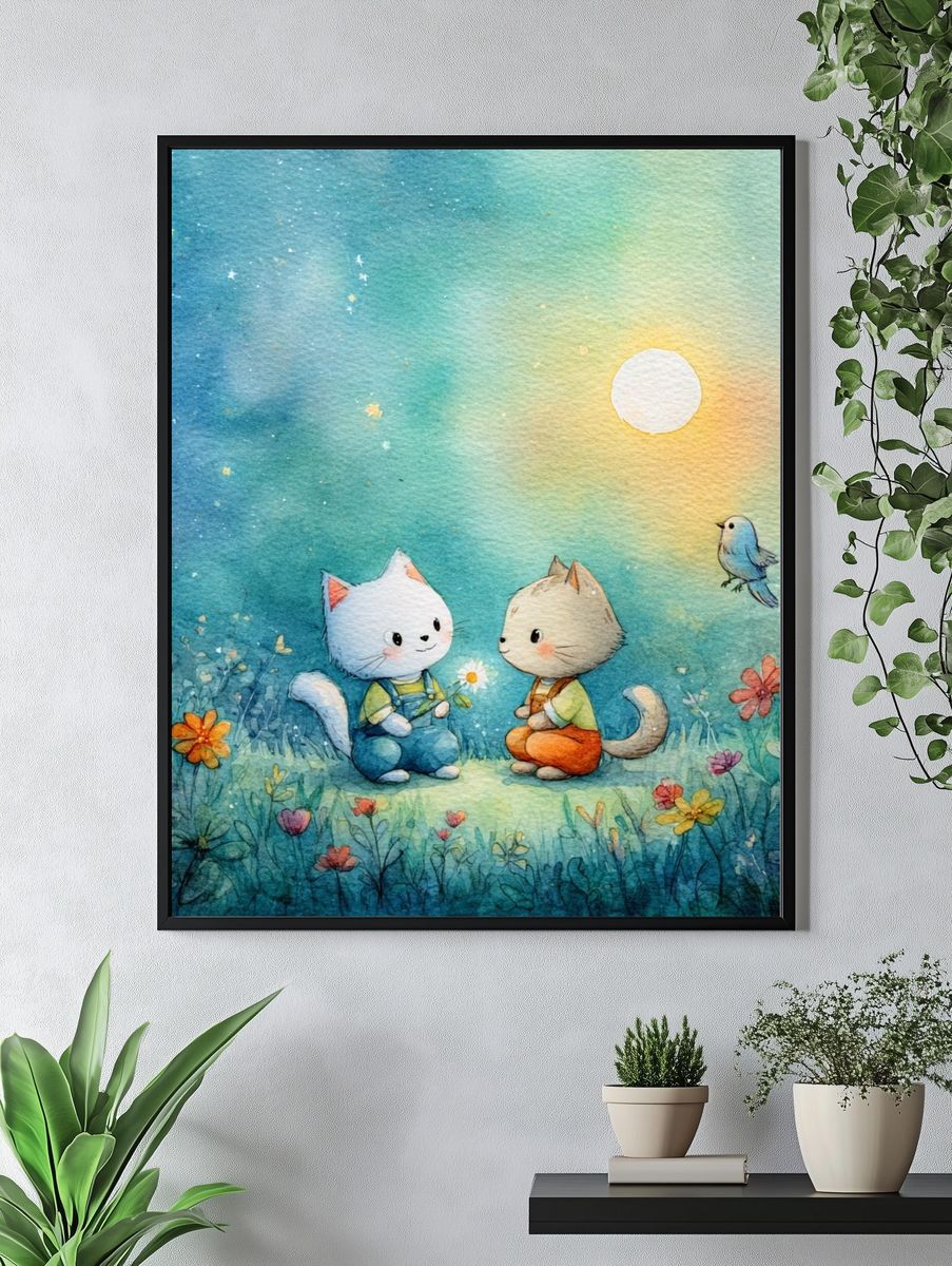 Moonlit Kittens Watercolor Poster. — room view 4