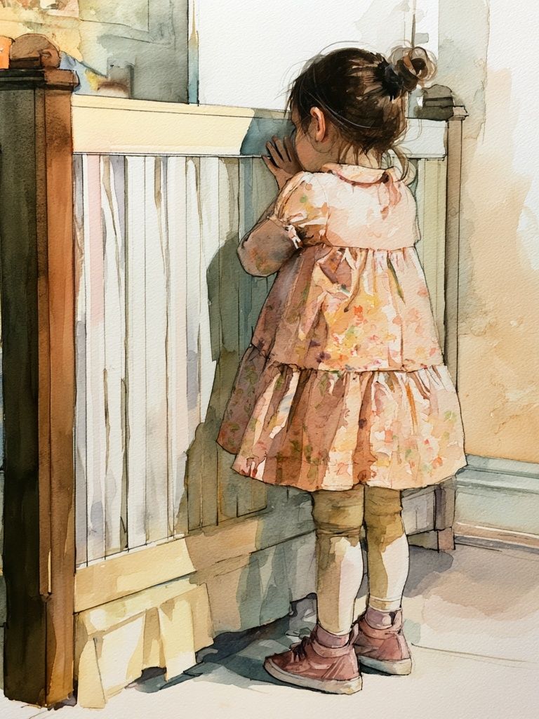 Little Girl by the Crib Watercolor Print. poster detail
