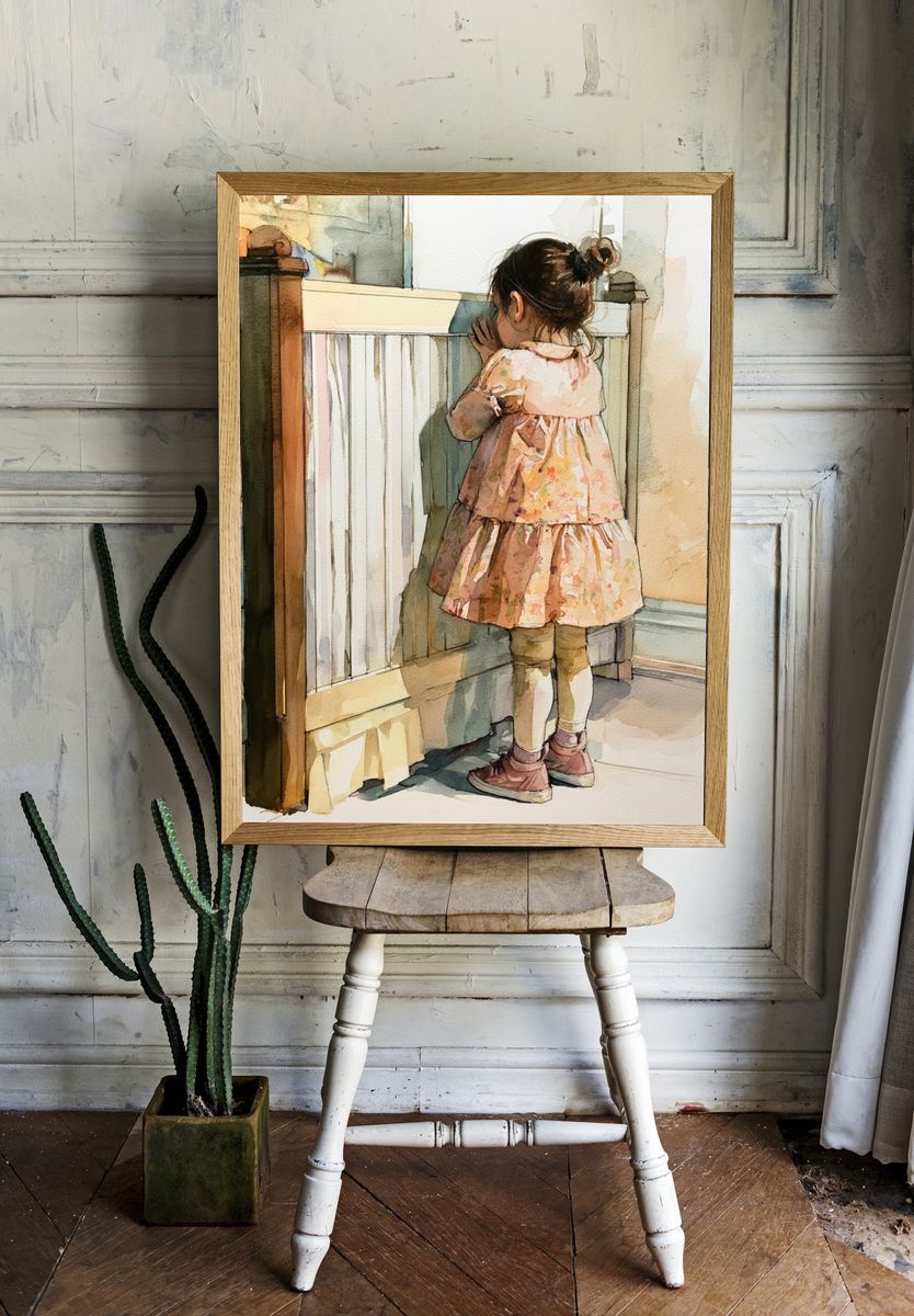 Little Girl by the Crib Watercolor Print. room preview