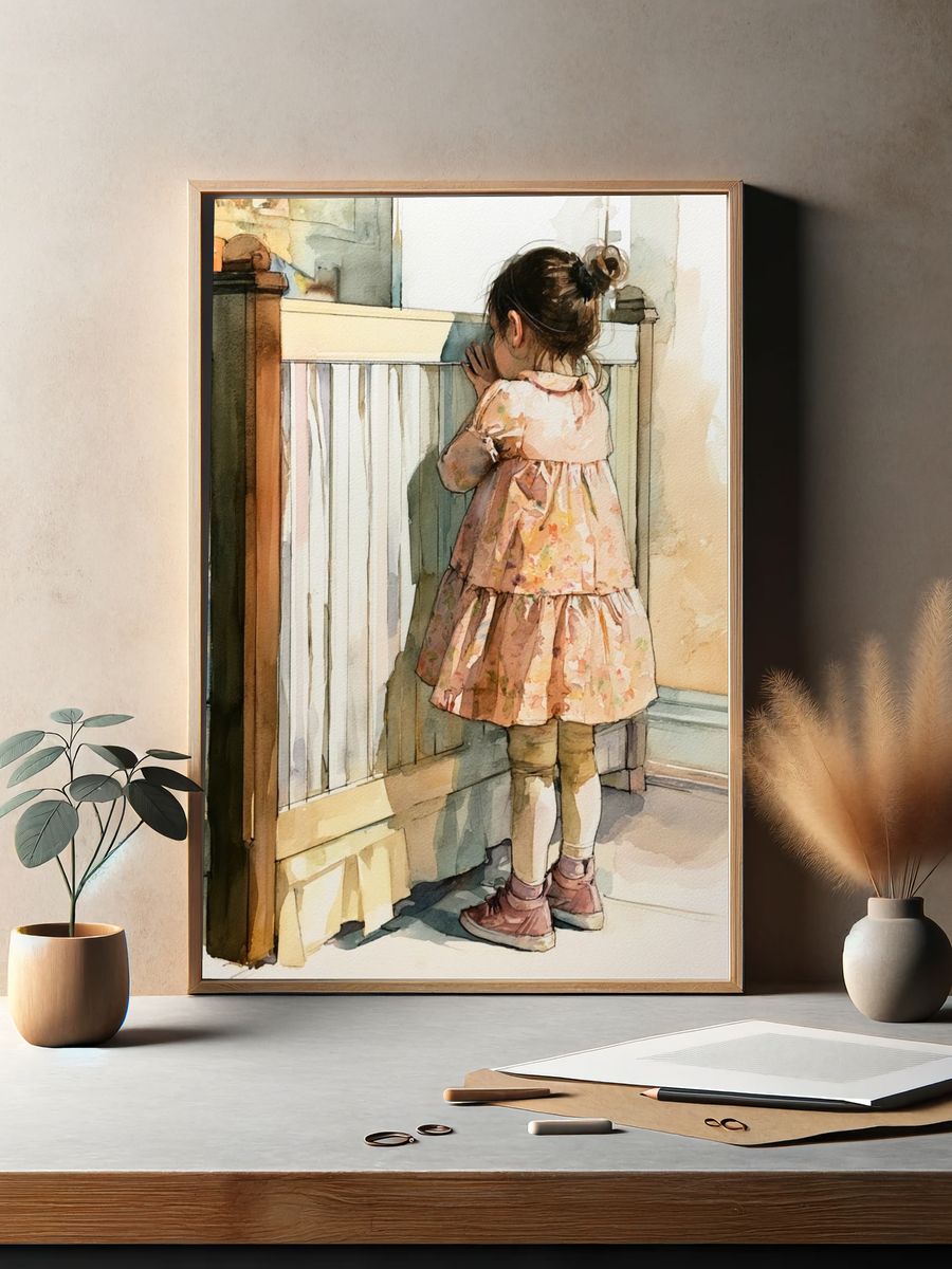 Little Girl by the Crib Watercolor Print. — room view 2