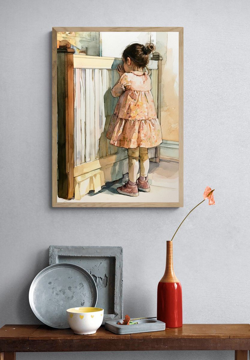 Little Girl by the Crib Watercolor Print. — room view 3