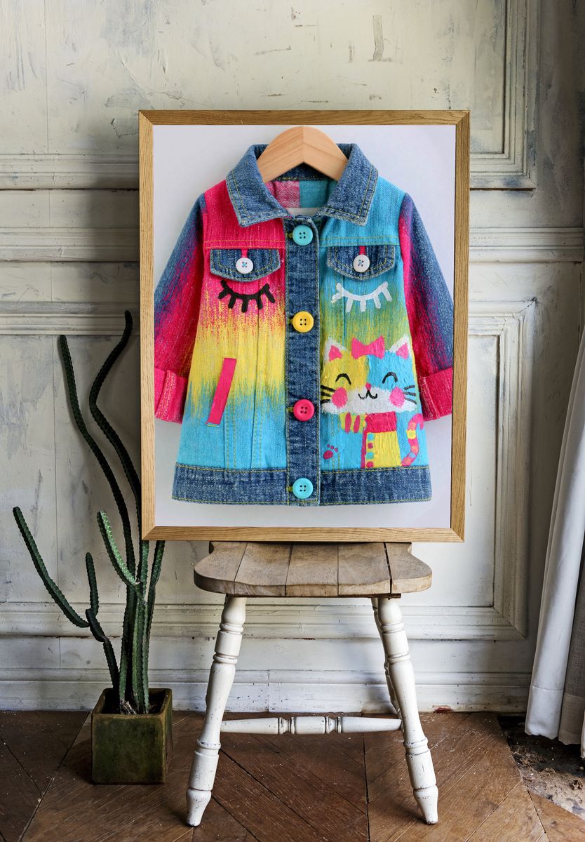 Painted Denim Cat Jacket Print. room preview