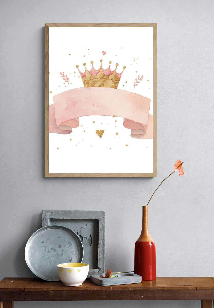 Crown and Ribbon Watercolor Poster. — room view 3