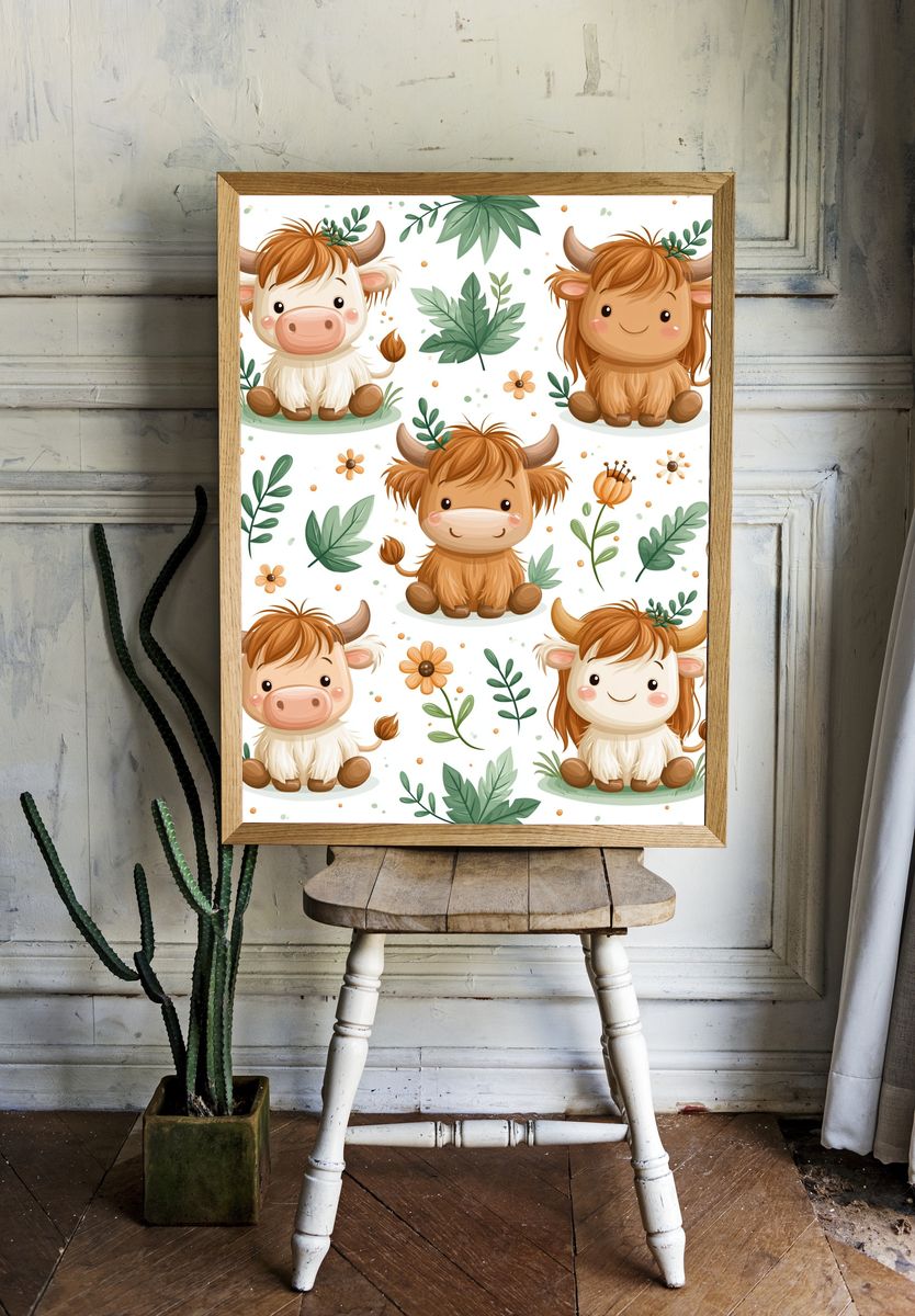 Cute Highland Cow Pattern Poster. — room view 1