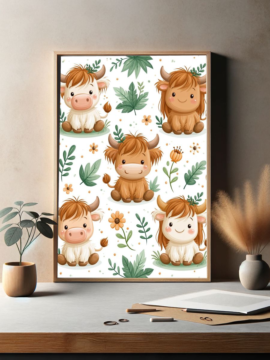 Cute Highland Cow Pattern Poster. — room view 2