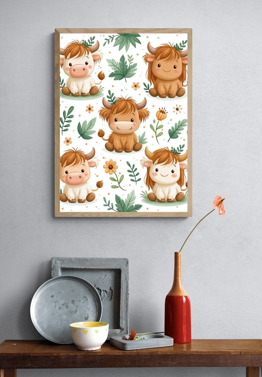 Cute Highland Cow Pattern Poster. — room view 3